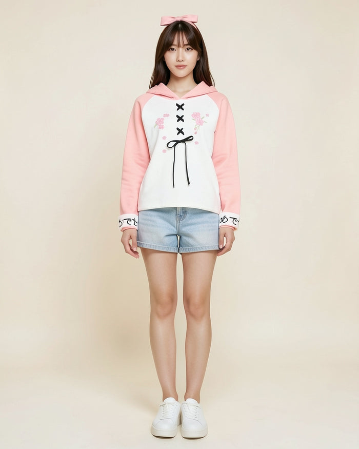 Lace-Up Bow Two-Tone Hoodie