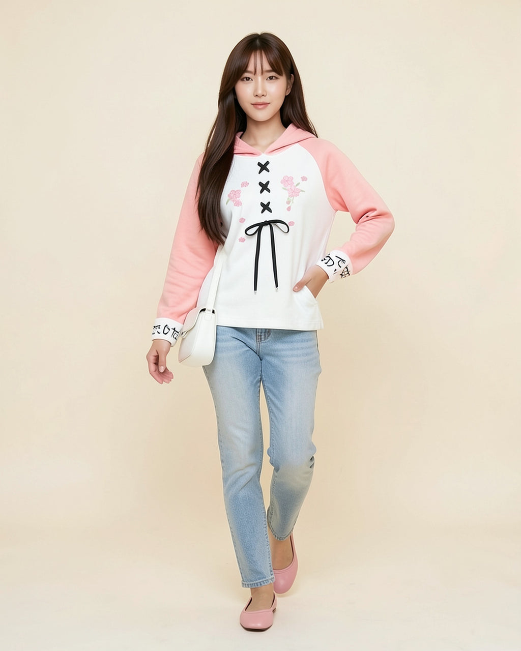 Lace-Up Bow Two-Tone Hoodie