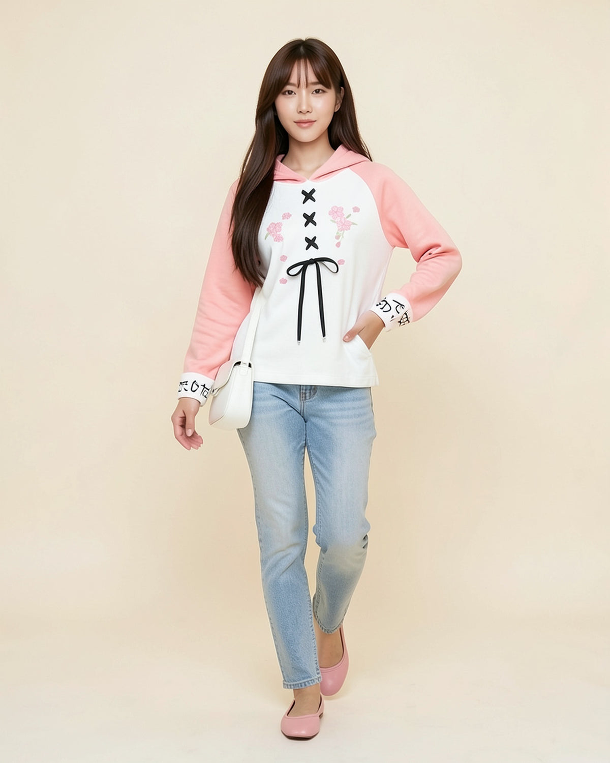 Lace-Up Bow Two-Tone Hoodie