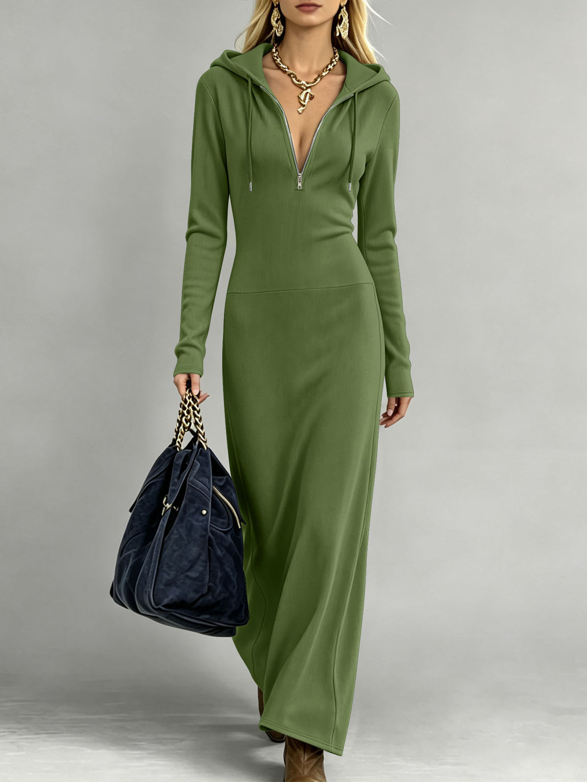 Plunge Zip Maxi Hoodie Dress