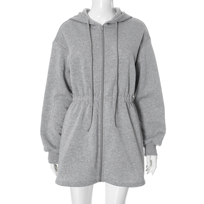 Cinched Waist Zip Hoodie Dress