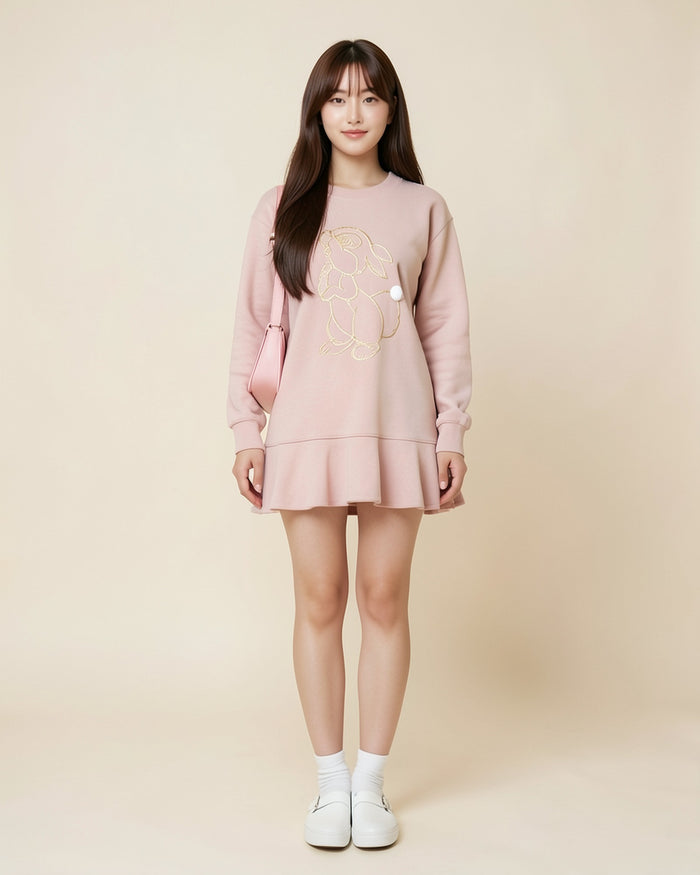 Embroidered Bunny Ruffle Sweater Dress