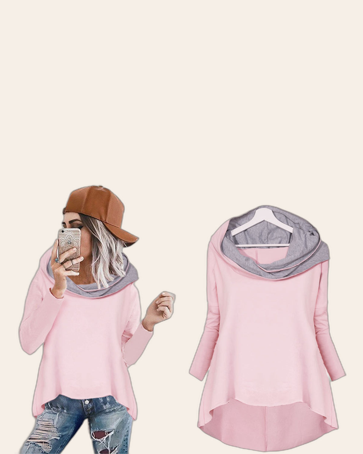 Curved Hem Contrast Hood Hoodie