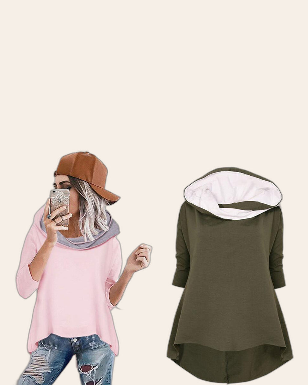 Curved Hem Contrast Hood Hoodie