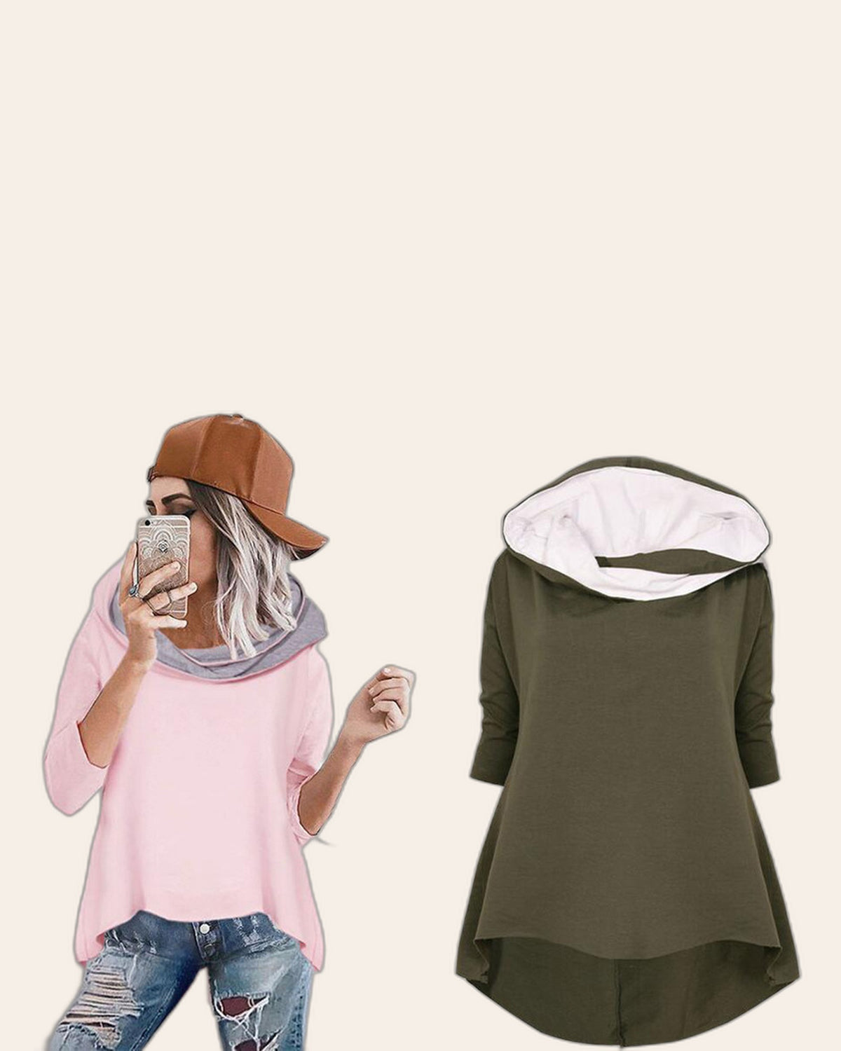 Curved Hem Contrast Hood Hoodie