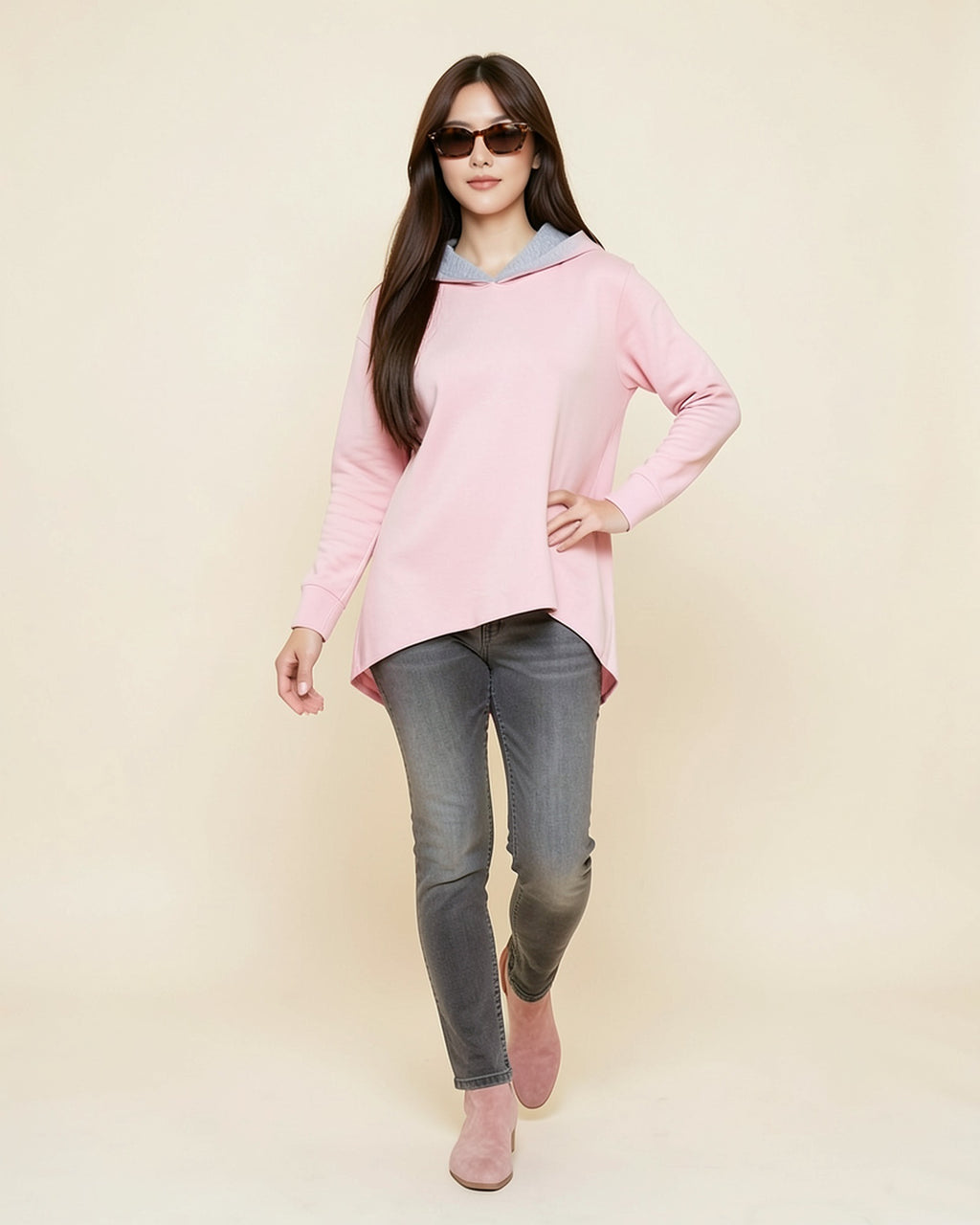 Curved Hem Contrast Hood Hoodie