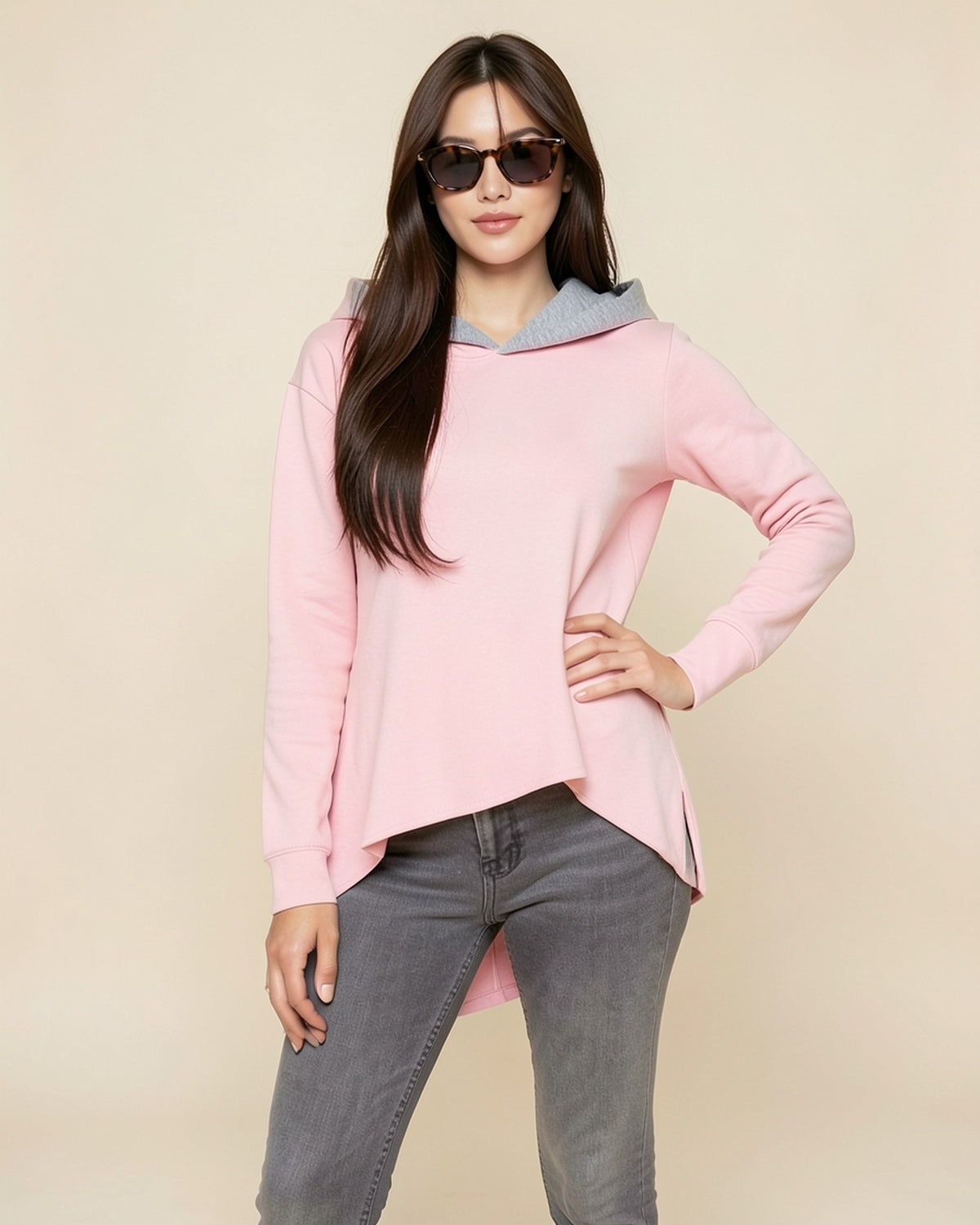 Curved Hem Contrast Hood Hoodie