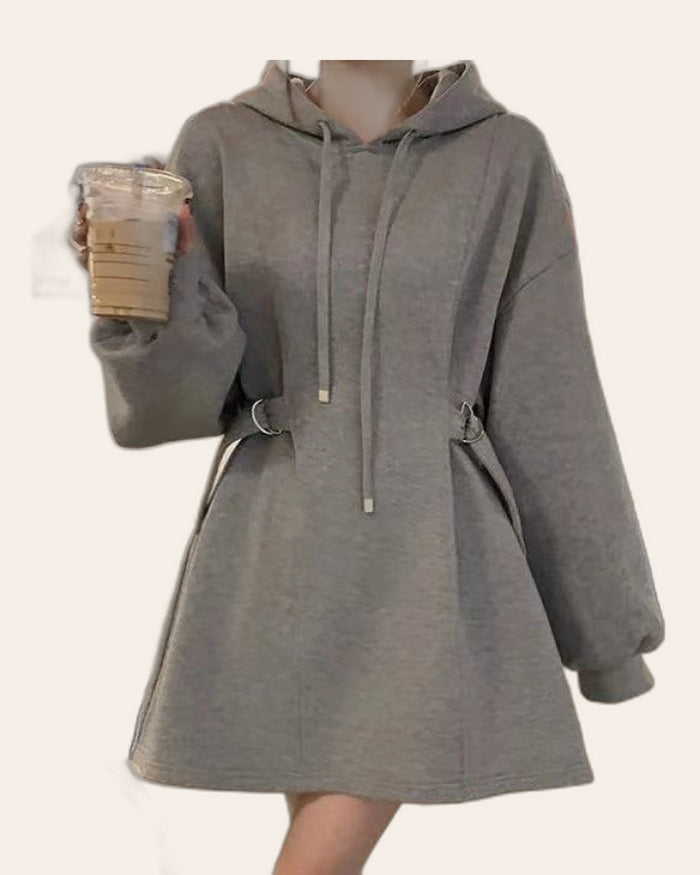 Cinched Waist Balloon Sleeve Hoodie Dress