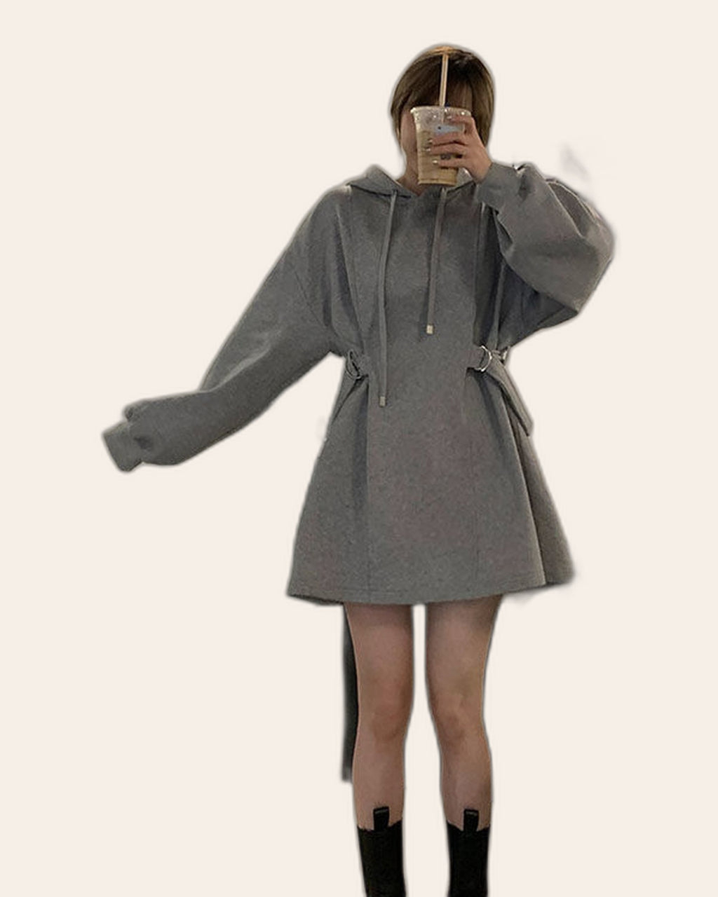 Cinched Waist Balloon Sleeve Hoodie Dress