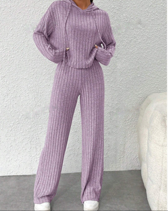 Ribbed Hoodie & Wide-Leg Pants Set