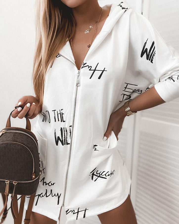Script Print Zip Hoodie Dress