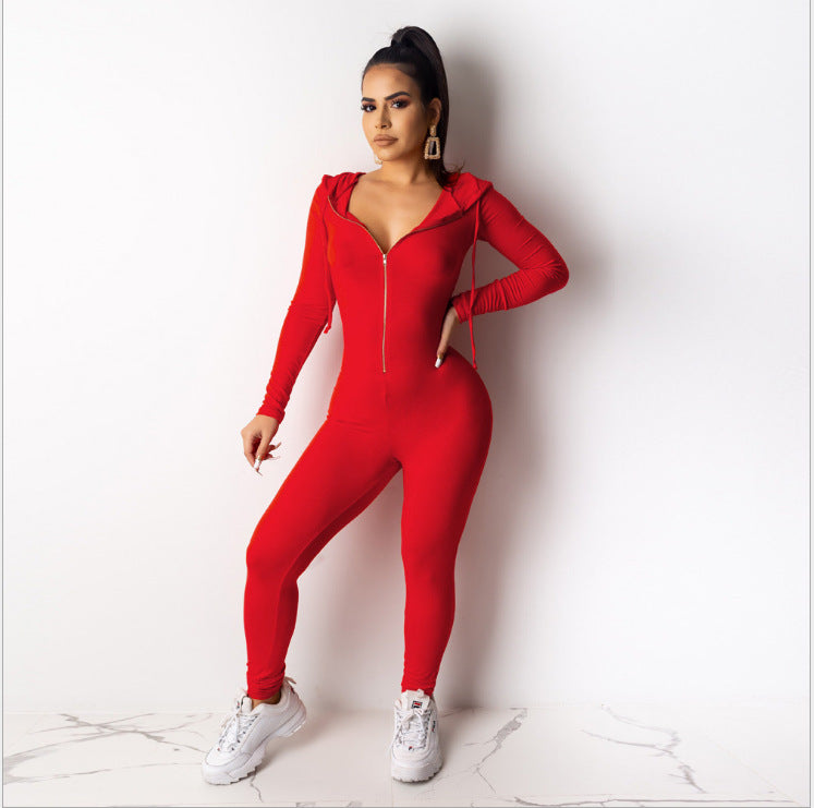 Plunge Zip Hooded Jumpsuit