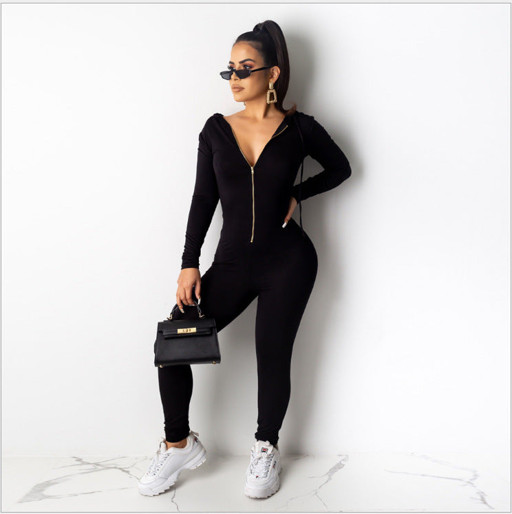 Plunge Zip Hooded Jumpsuit