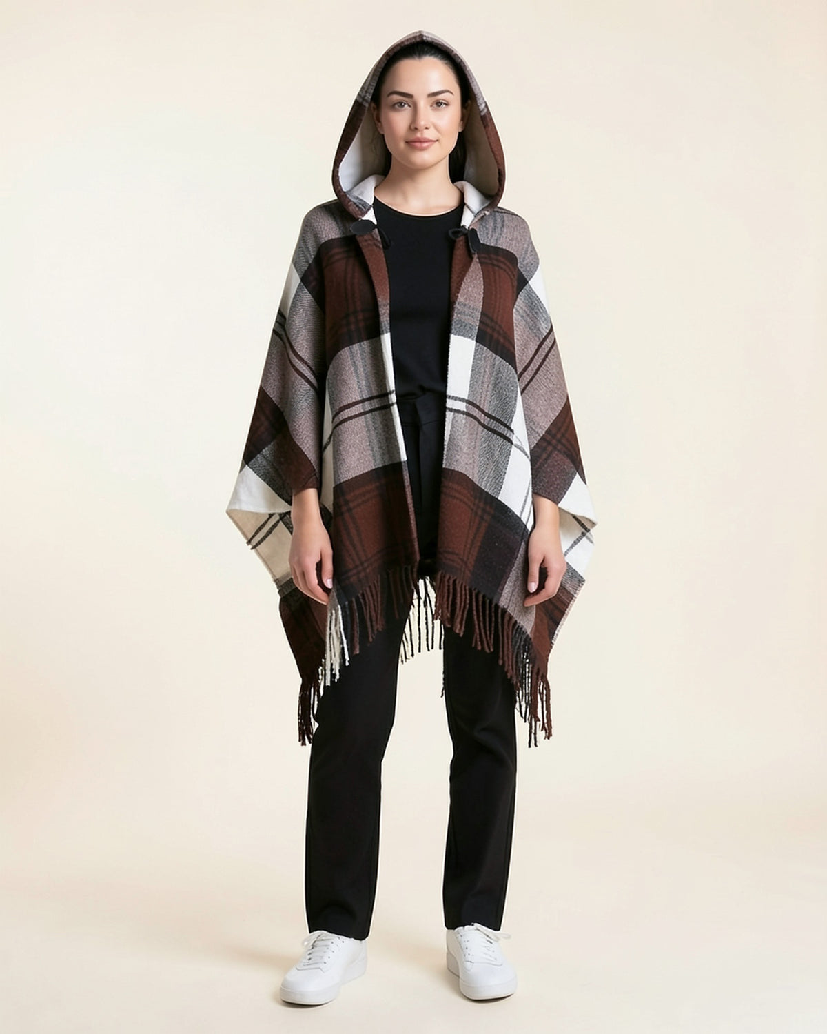 Plaid Fringe Hooded Poncho