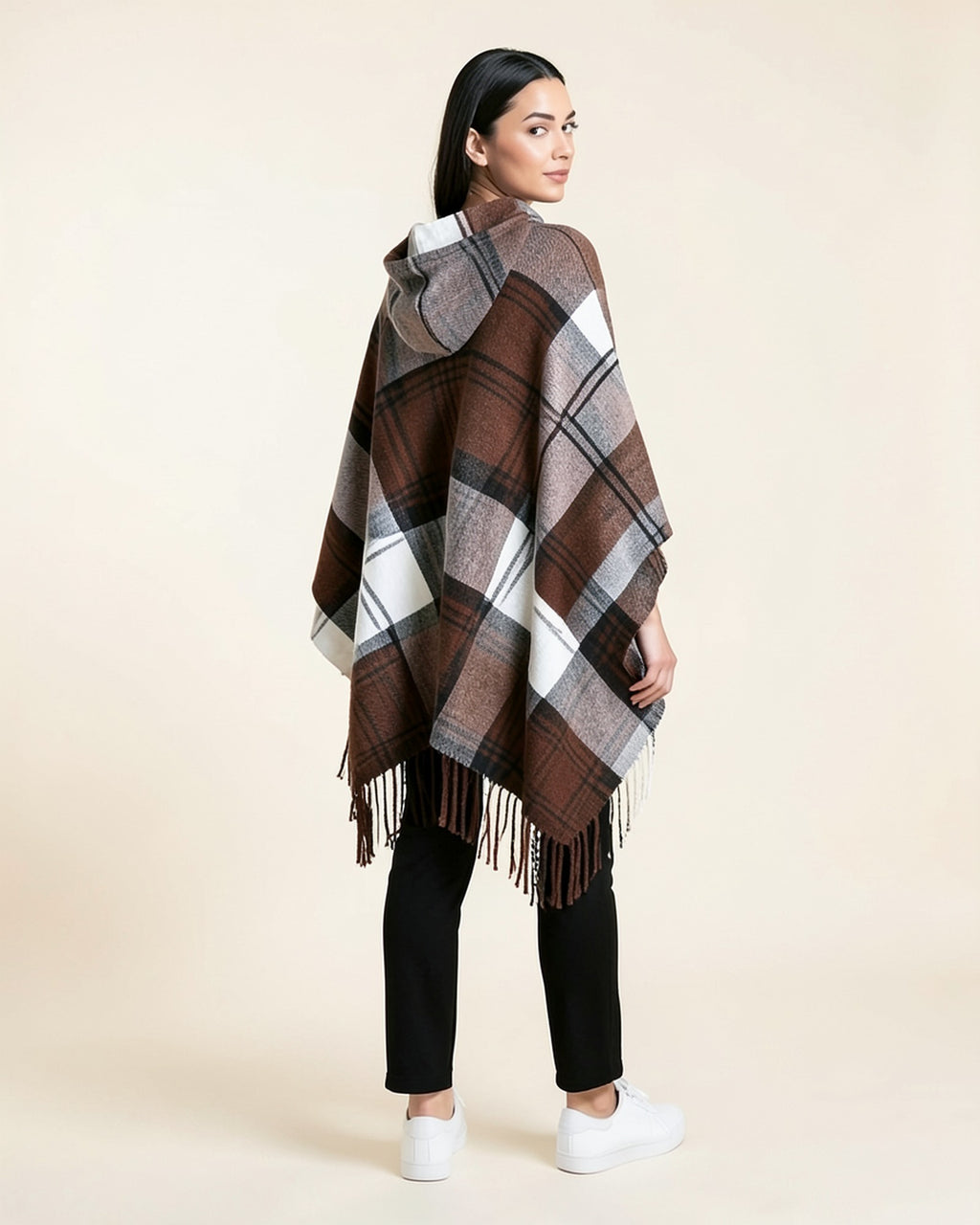 Plaid Fringe Hooded Poncho