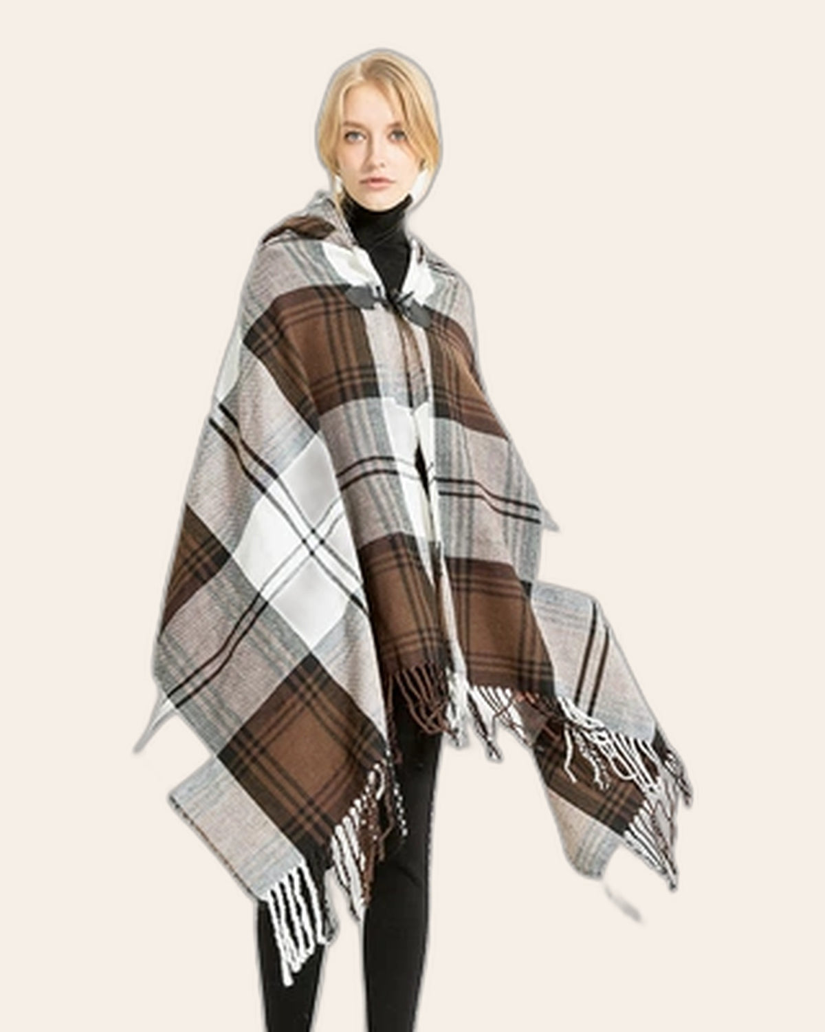 Plaid Fringe Hooded Poncho