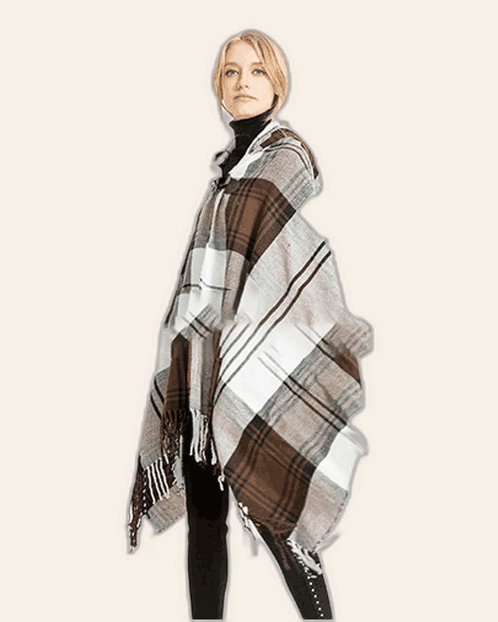 Plaid Fringe Hooded Poncho