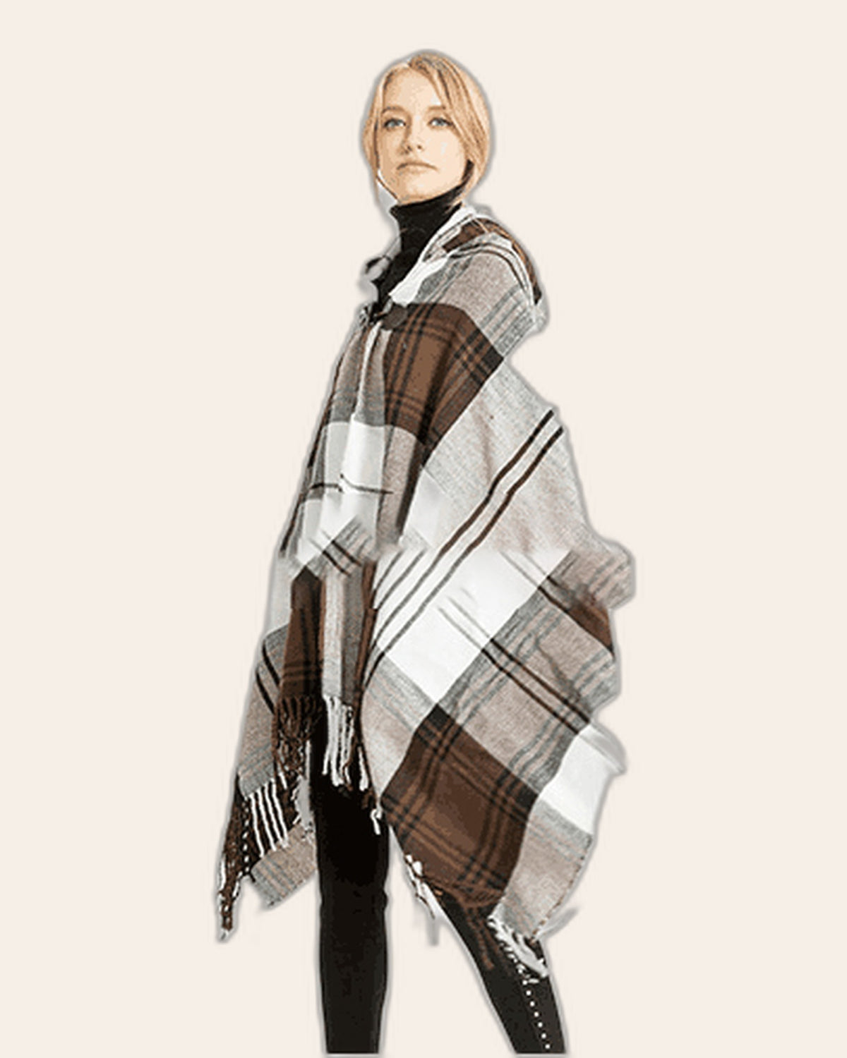 Plaid Fringe Hooded Poncho