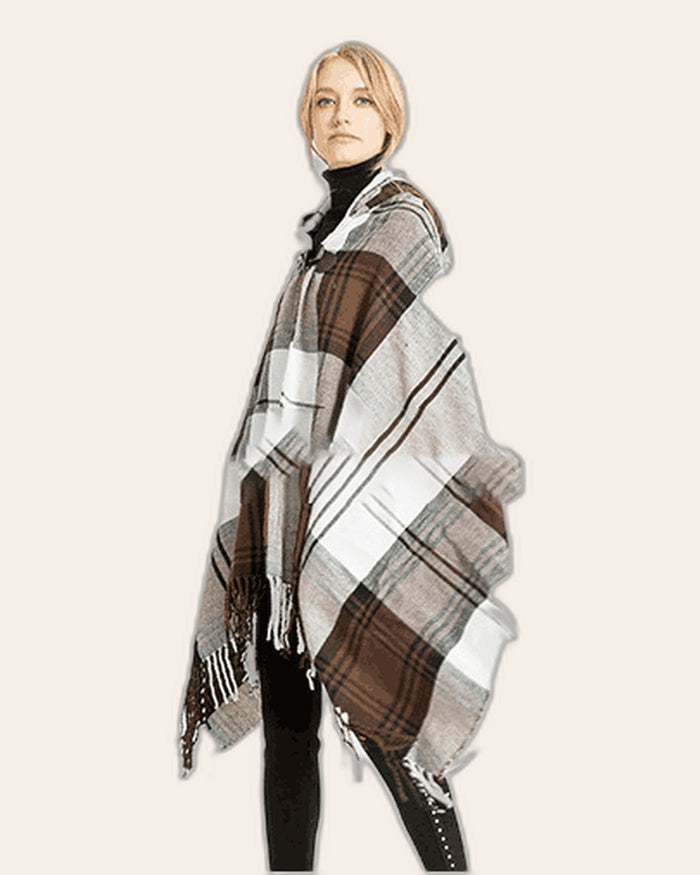 Plaid Fringe Hooded Poncho