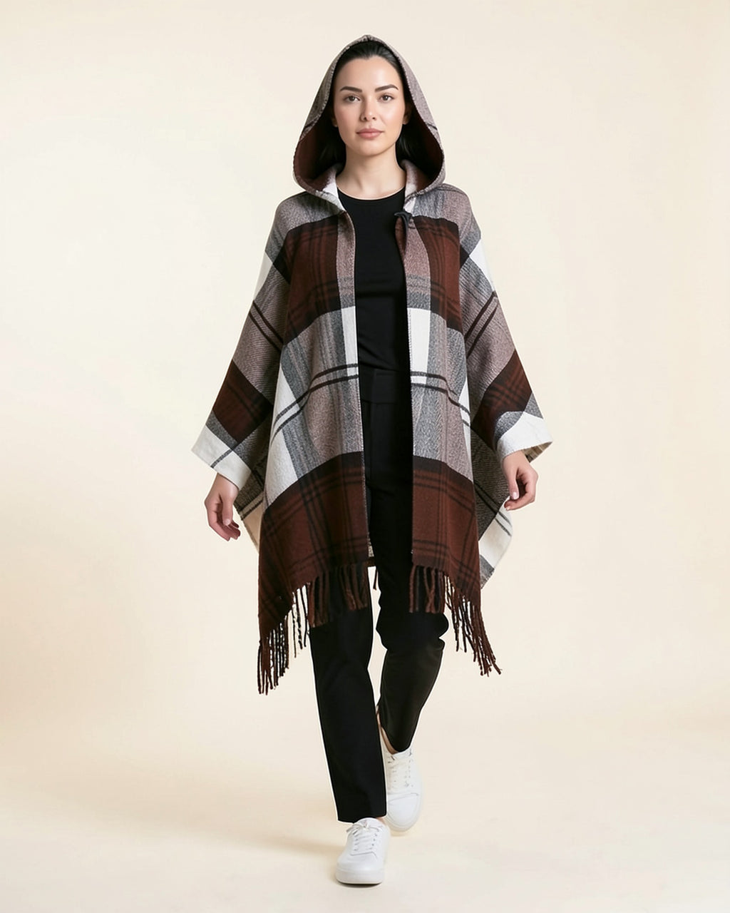 Plaid Fringe Hooded Poncho