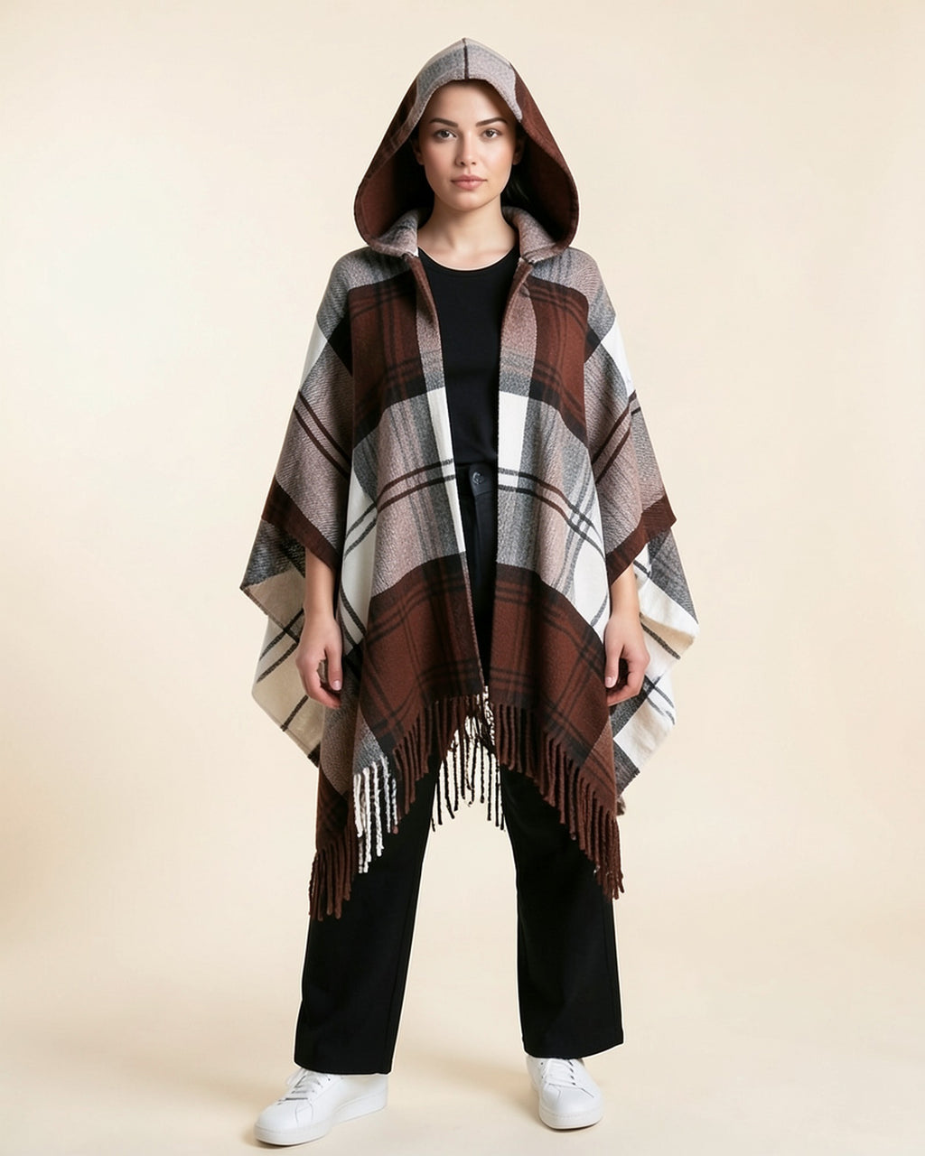 Plaid Fringe Hooded Poncho