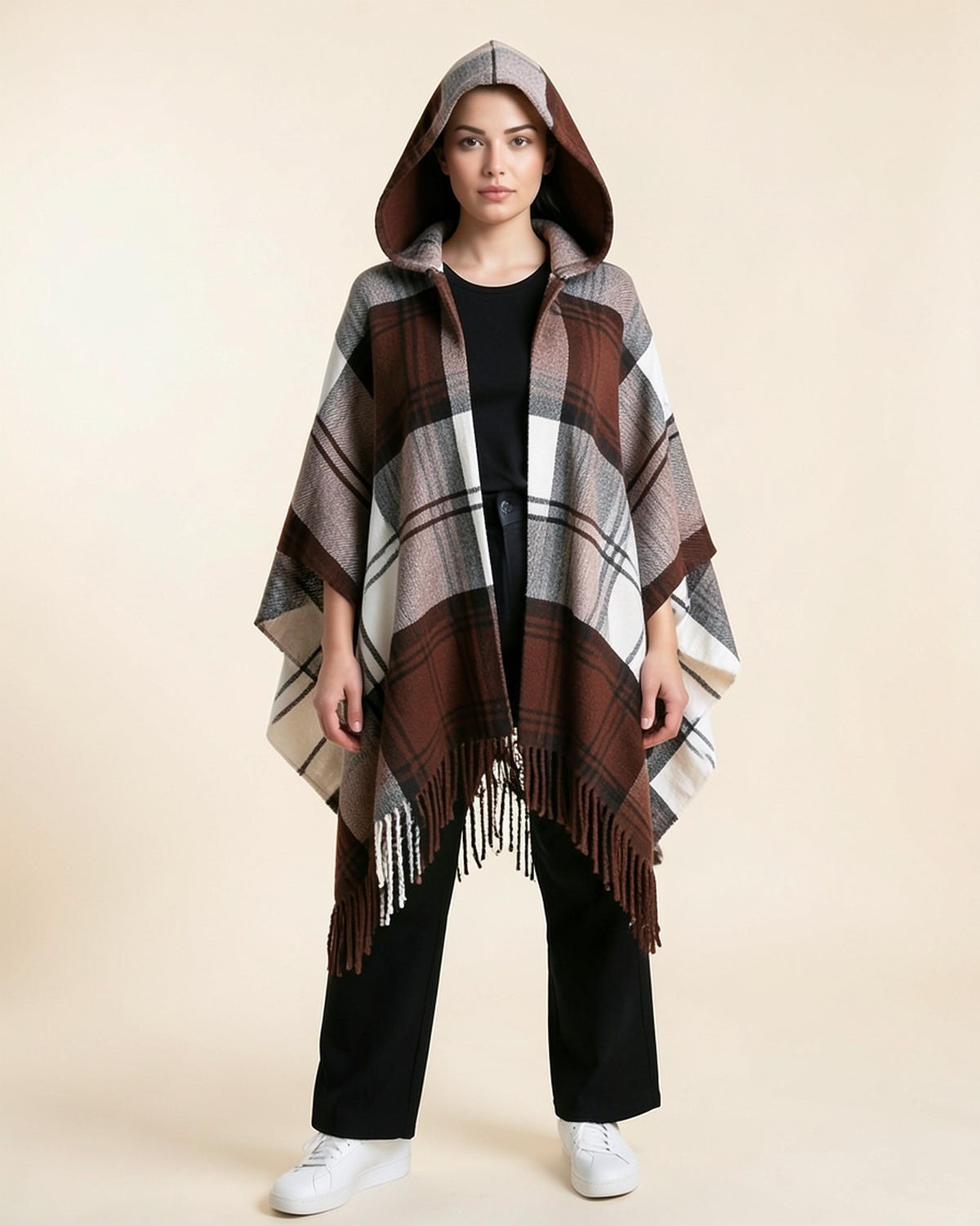 Plaid Fringe Hooded Poncho