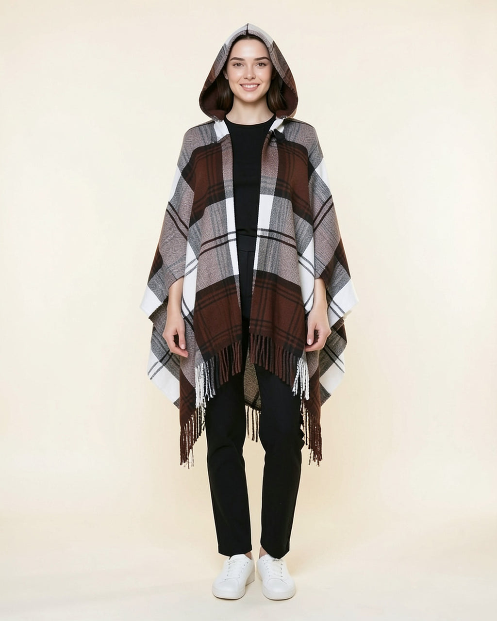 Plaid Fringe Hooded Poncho