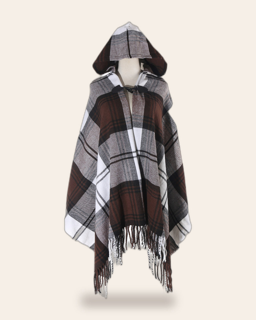 Plaid Fringe Hooded Poncho