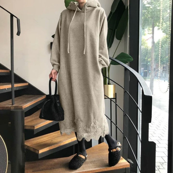 Lace Hem Maxi Hoodie Dress (Plus)