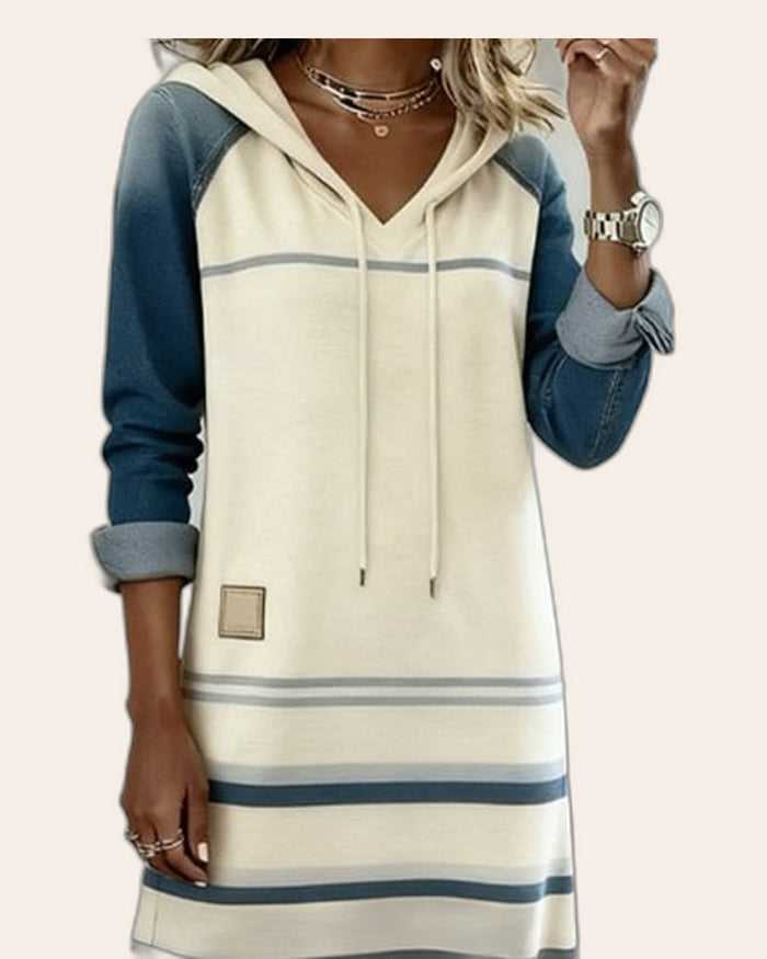 Denim Color-Block Stripe Hoodie Dress