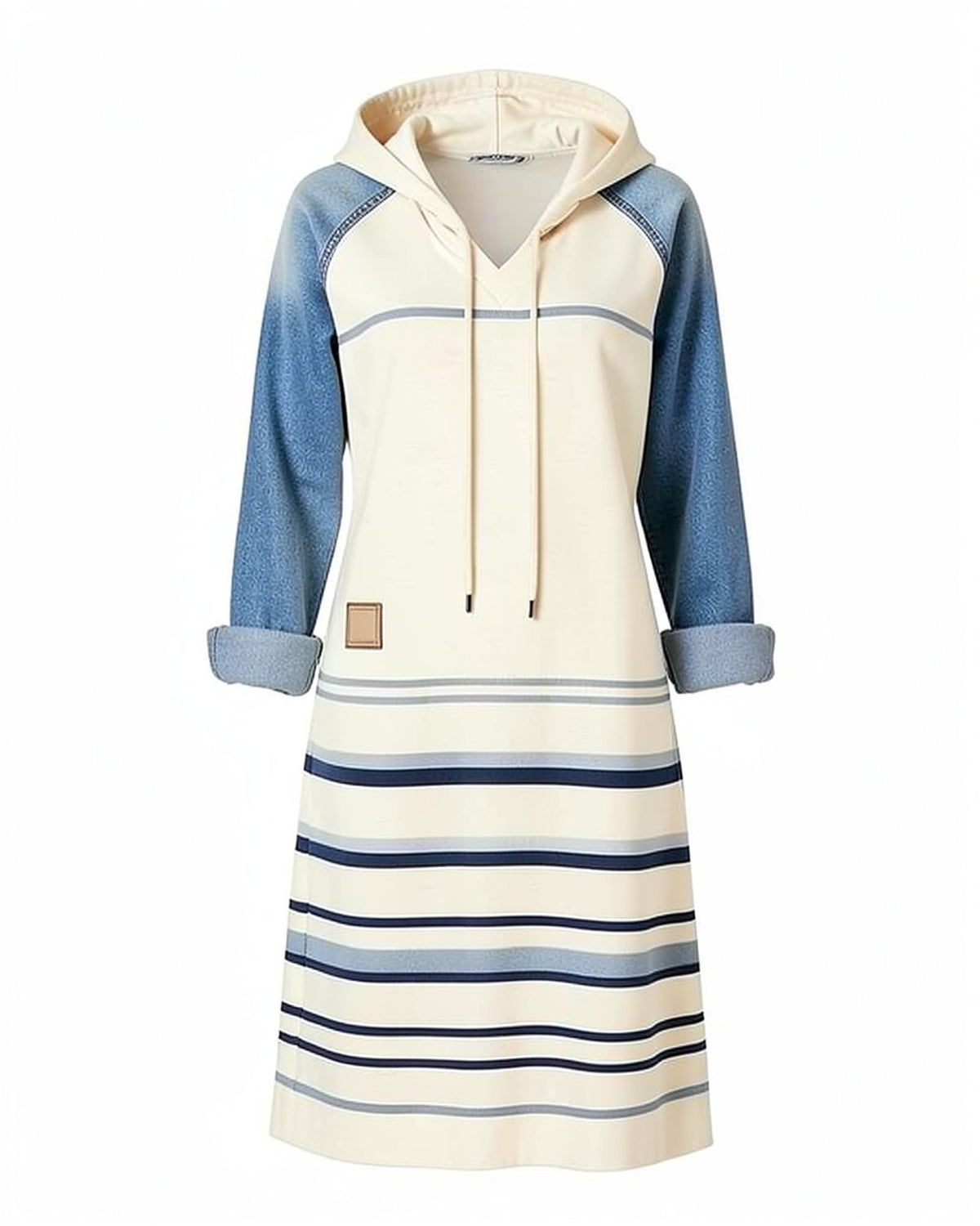 Denim Color-Block Stripe Hoodie Dress