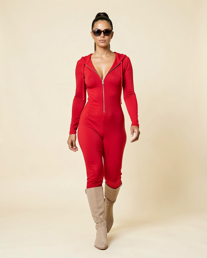 Plunge Zip Hooded Jumpsuit