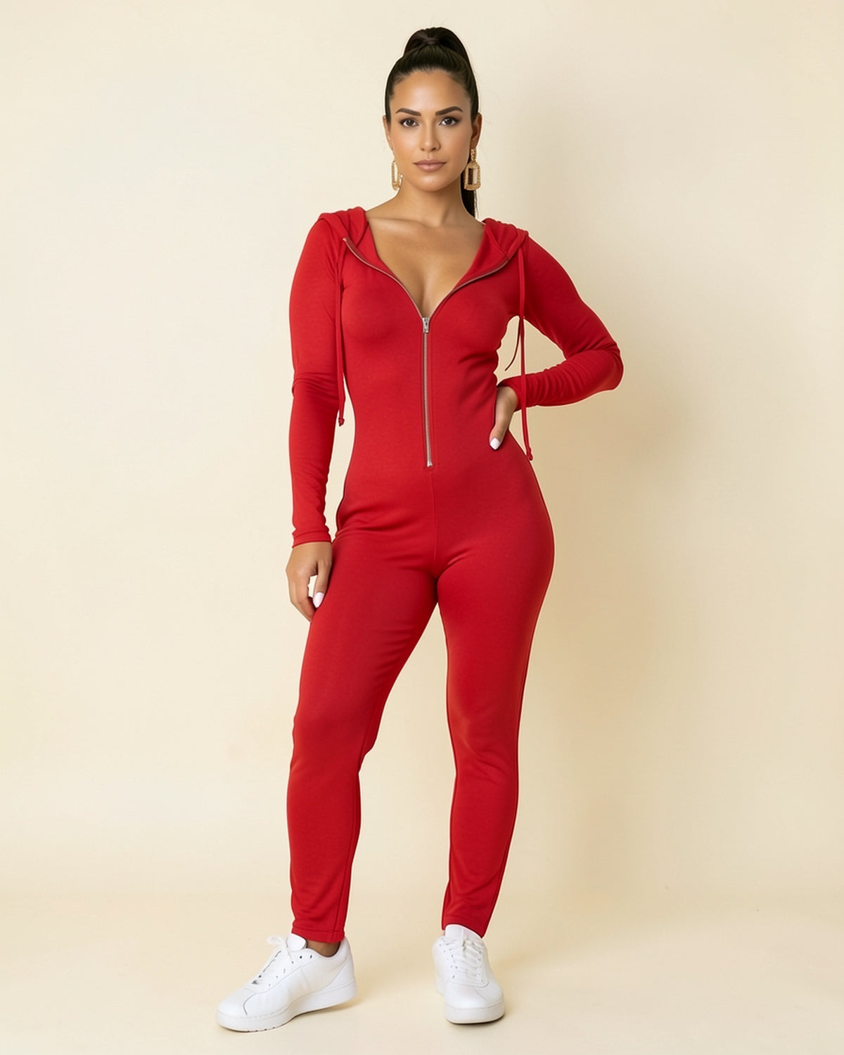 Plunge Zip Hooded Jumpsuit