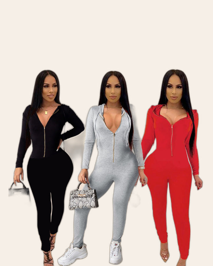 Plunge Zip Hooded Jumpsuit