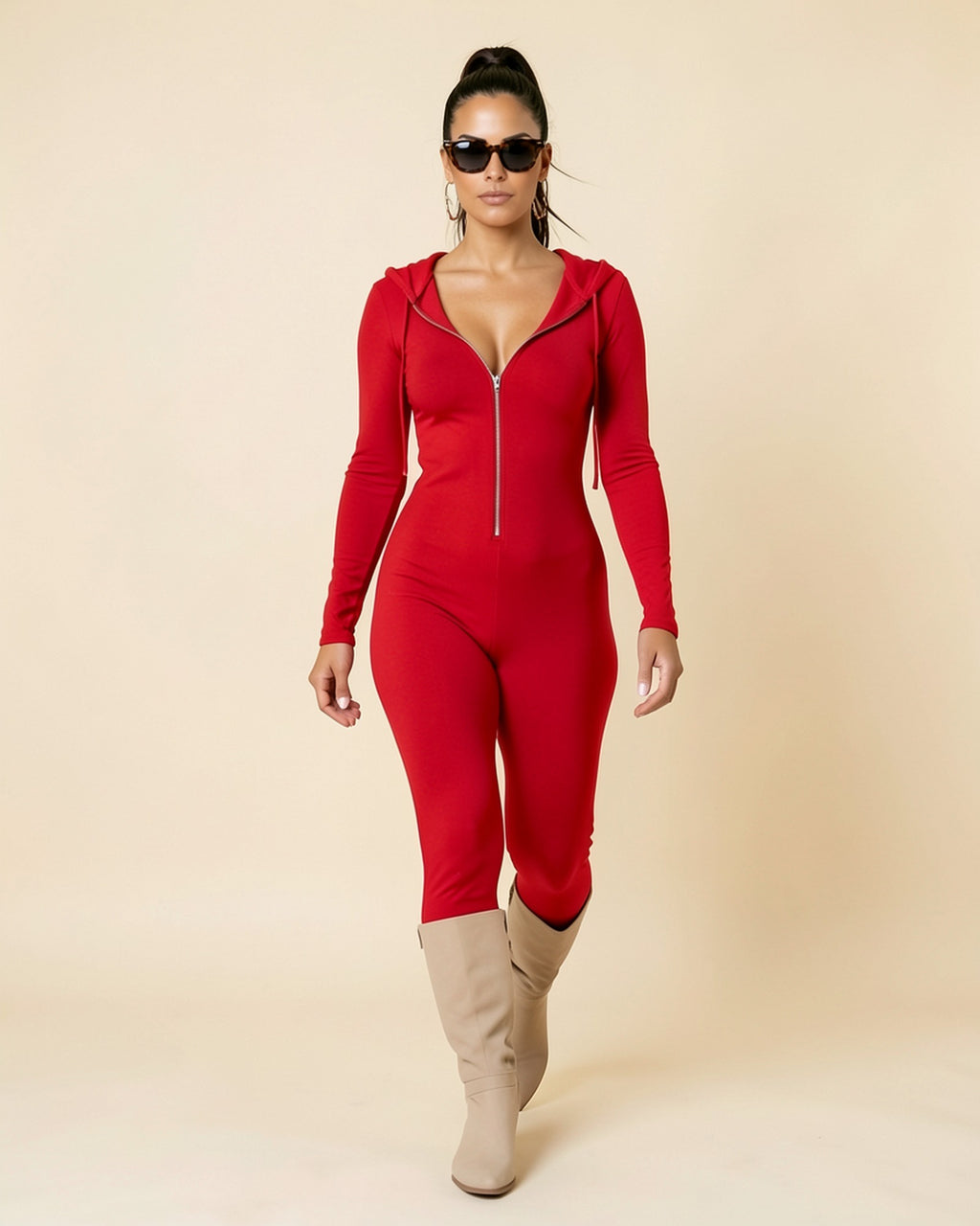 Plunge Zip Hooded Jumpsuit