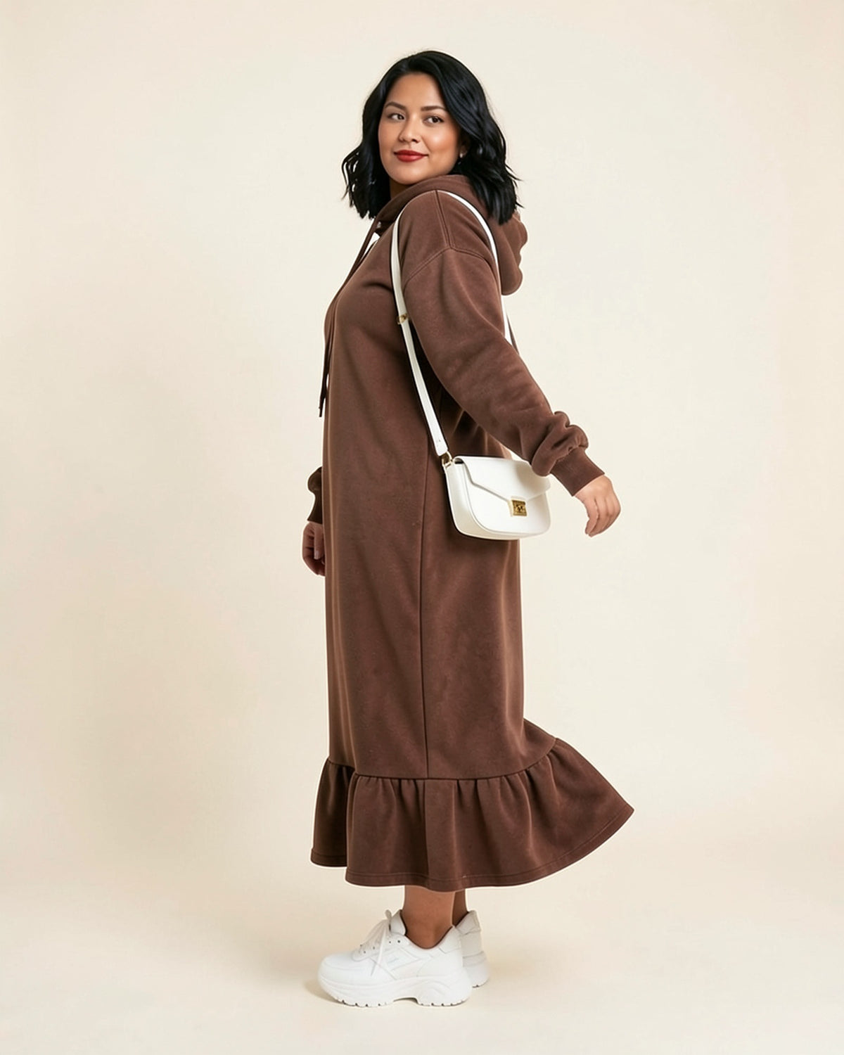 Ruffle Hem Fleece Maxi Hoodie Dress