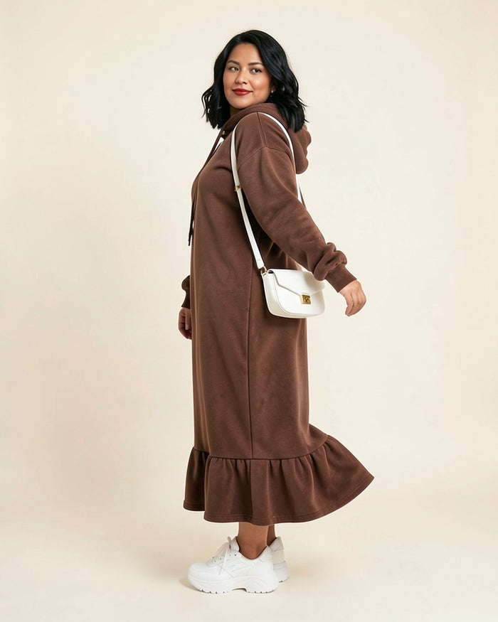 Ruffle Hem Fleece Maxi Hoodie Dress