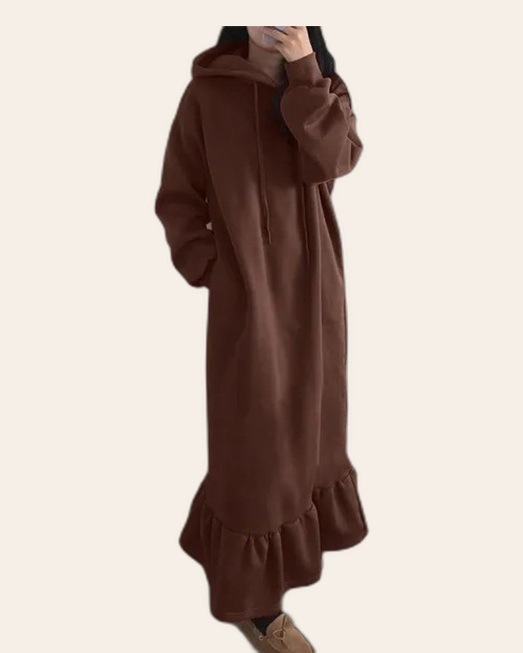 Ruffle Hem Fleece Maxi Hoodie Dress