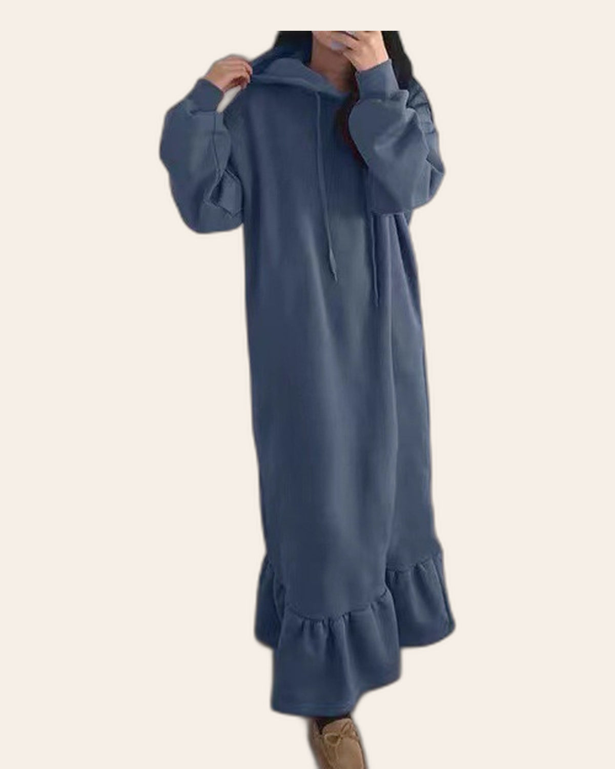 Ruffle Hem Fleece Maxi Hoodie Dress