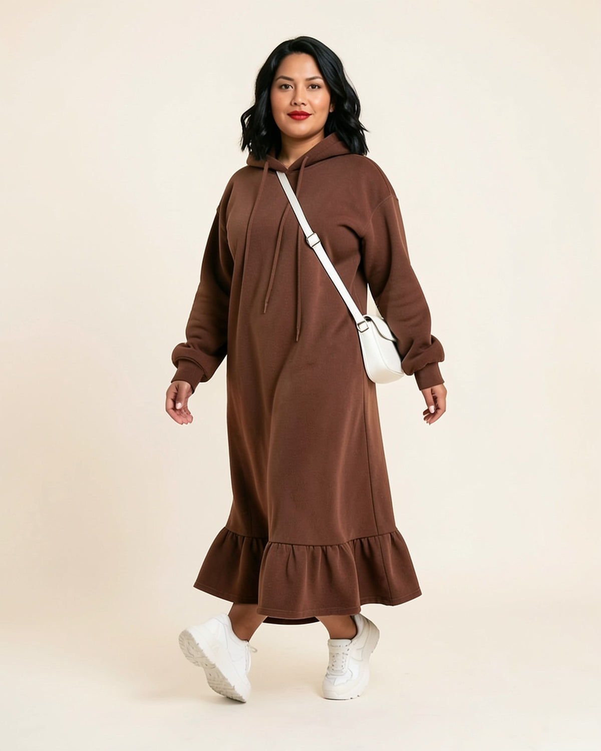 Ruffle Hem Fleece Maxi Hoodie Dress