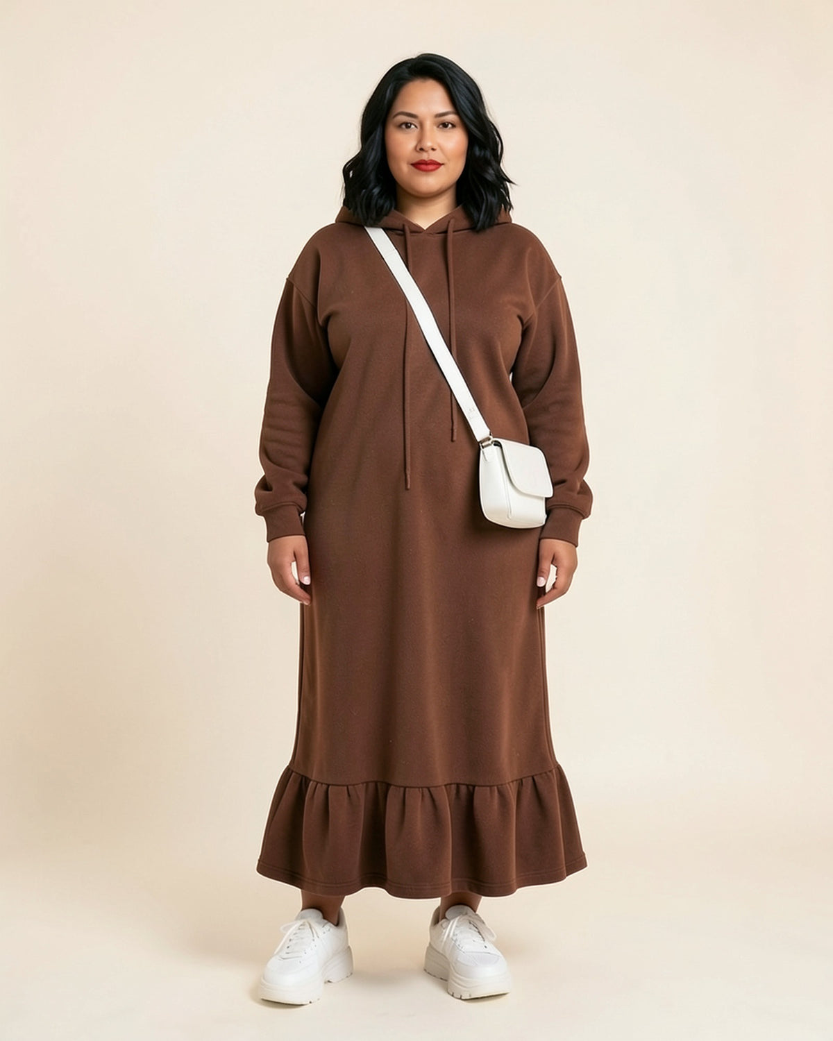 Ruffle Hem Fleece Maxi Hoodie Dress