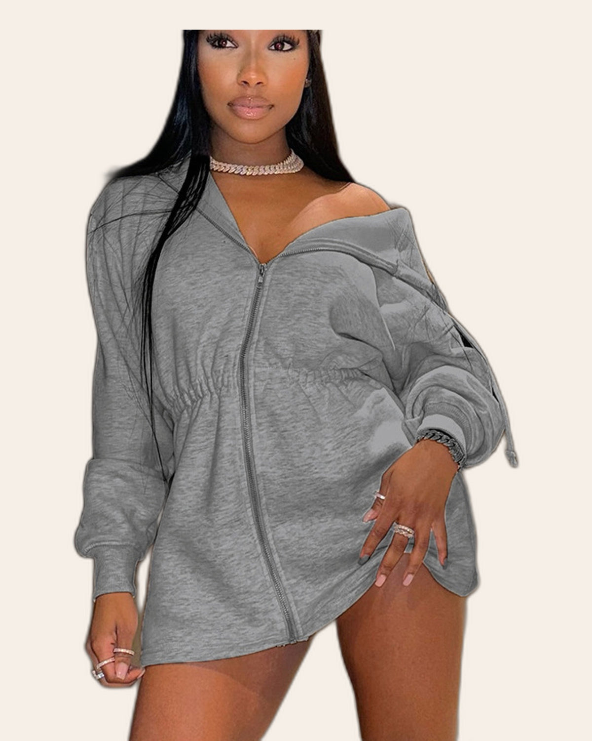 Cinched Waist Zip Hoodie Dress