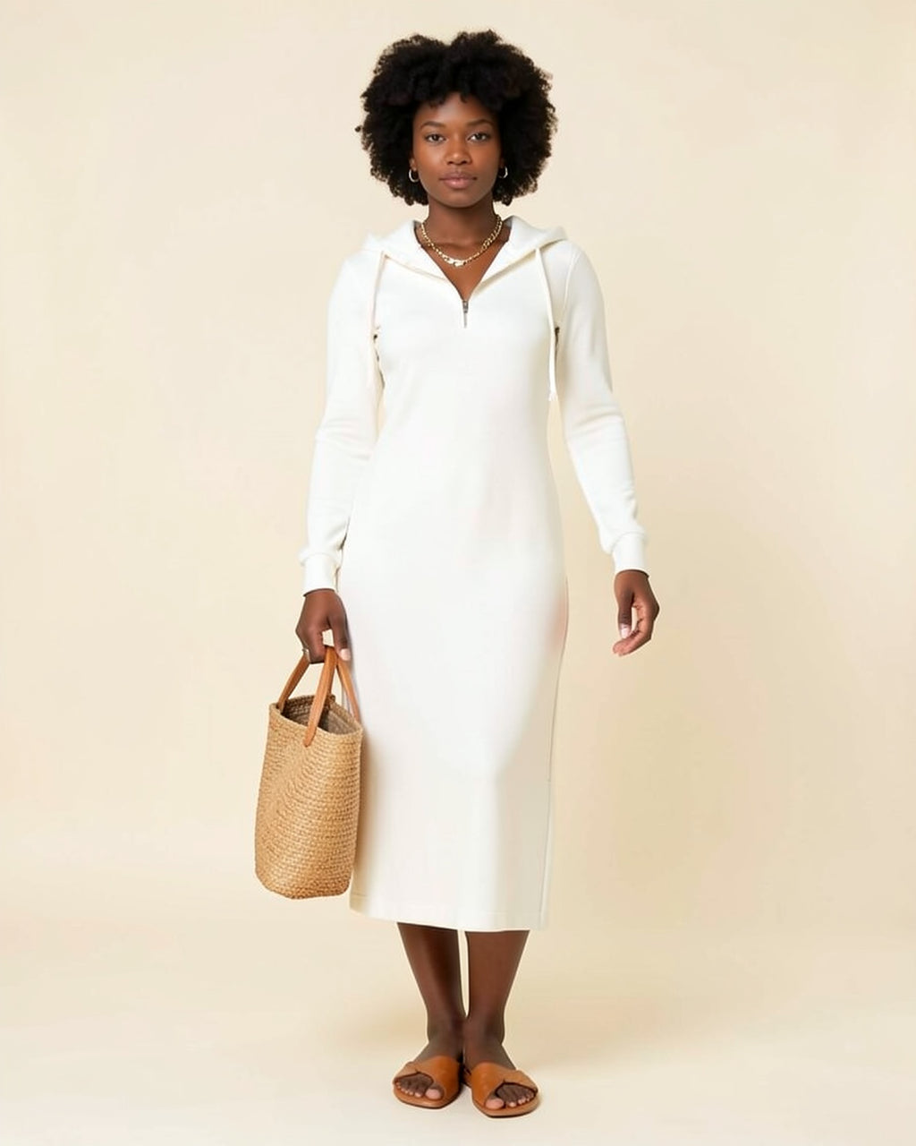 Fitted White Maxi Hoodie Dress