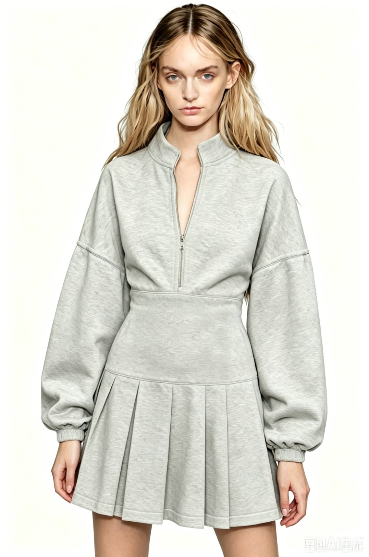 Pleated Half-Zip Hoodie Dress