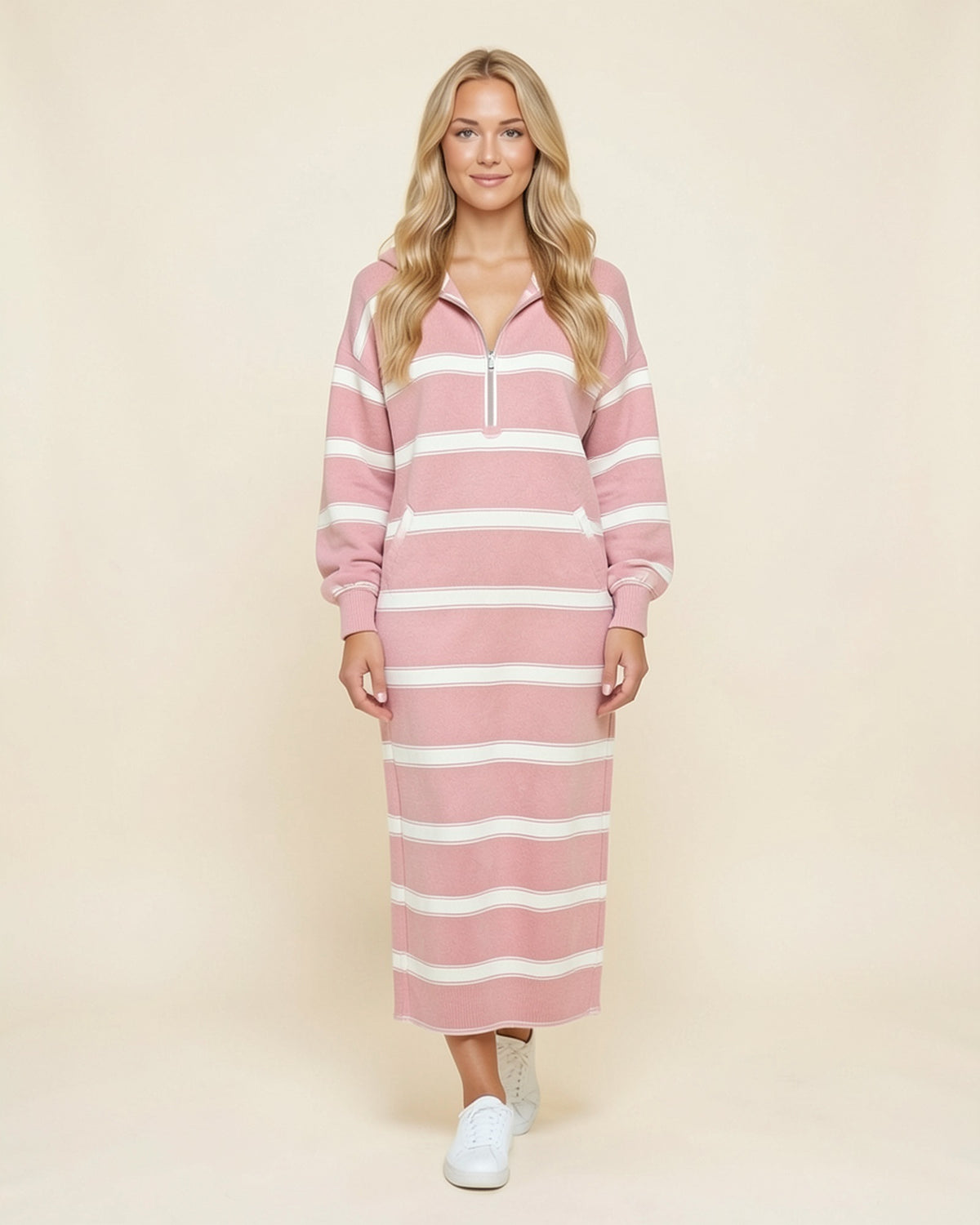 Striped Half-Zip Maxi Hoodie Dress