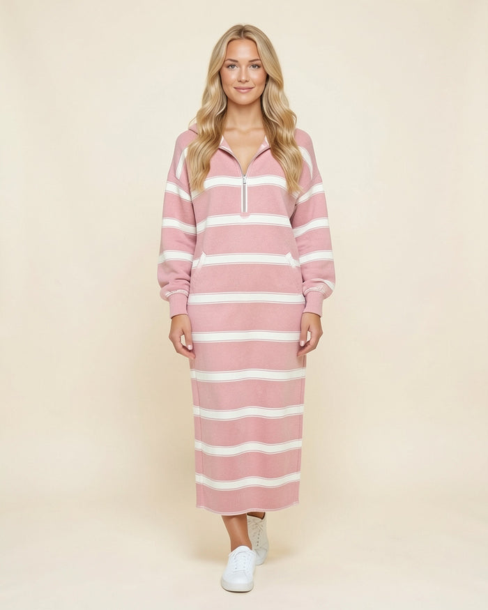 Striped Half-Zip Maxi Hoodie Dress