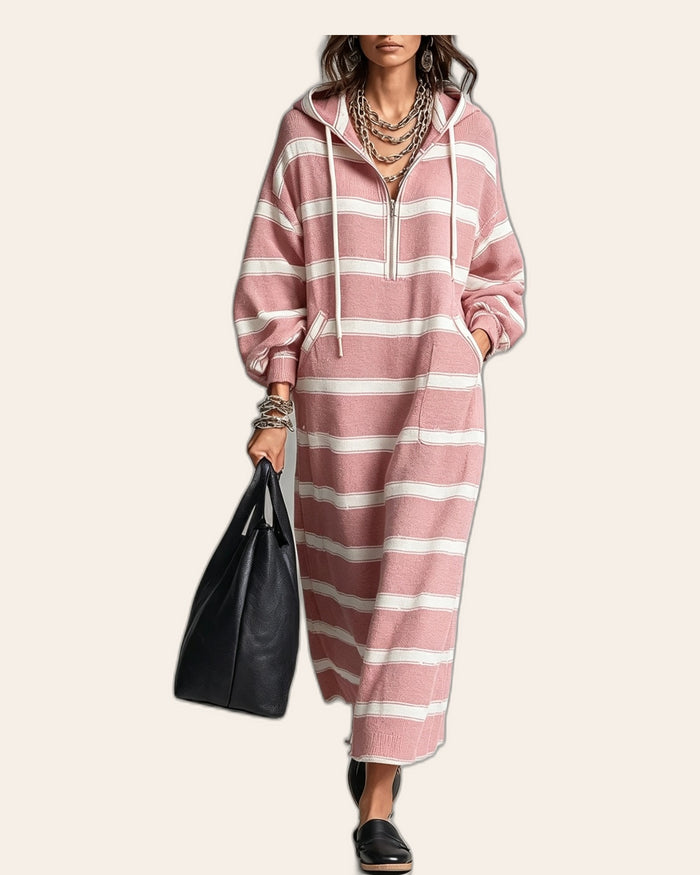 Striped Half-Zip Maxi Hoodie Dress
