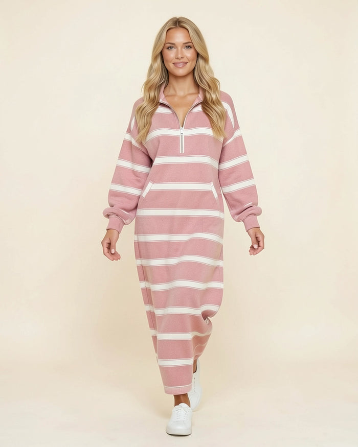 Striped Half-Zip Maxi Hoodie Dress