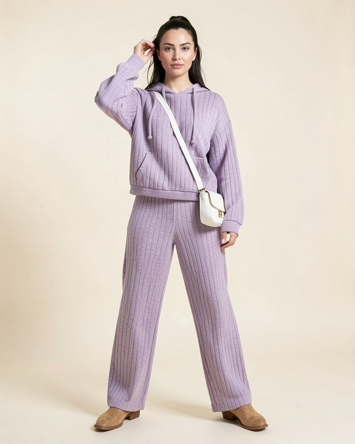 Ribbed Hoodie & Wide-Leg Pants Set