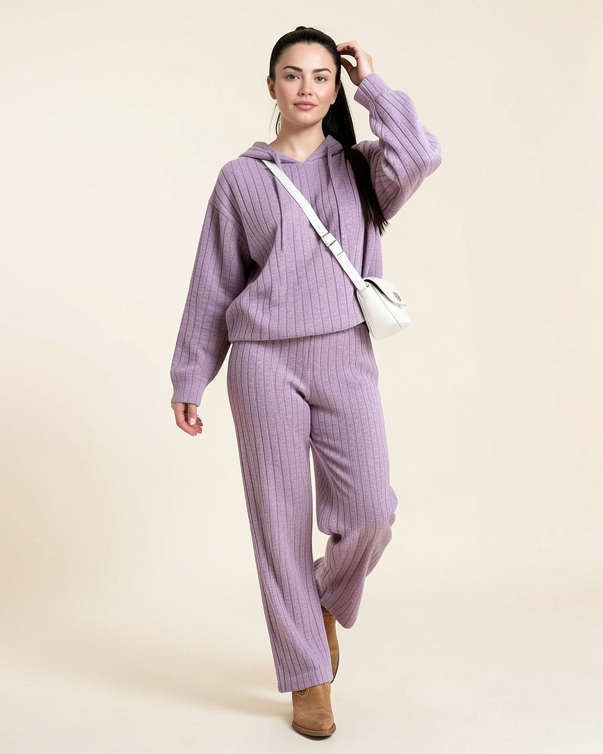Ribbed Hoodie & Wide-Leg Pants Set